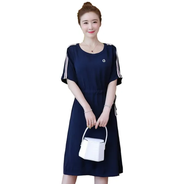  바보사랑 블링앤수 네이비 미디 무지 반팔 A라인 U넥 기본핏 드레스 Cls03601nv