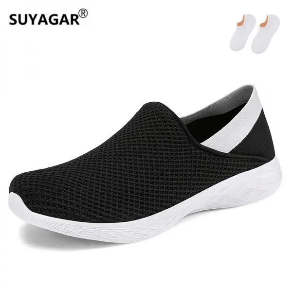 SUYAGAR 여성용 남성 초경량 발편한 끈없는 단화 봄여름 메쉬 플랫 슬립온 워킹화 (맞춤 양말 한 켤레를 선물하다)