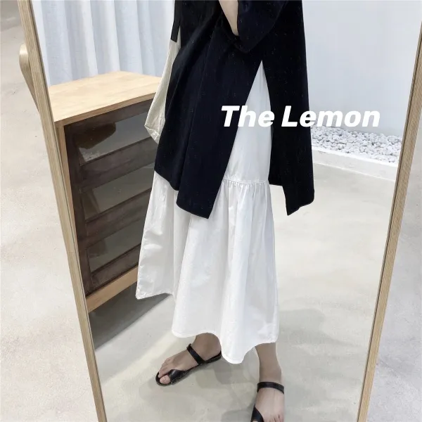 THELEMON 한계INS 여름 하이웨스트 큰 치맛자락 화이트 와이드 루즈핏 밴딩웨스트 스커트 롱 여성