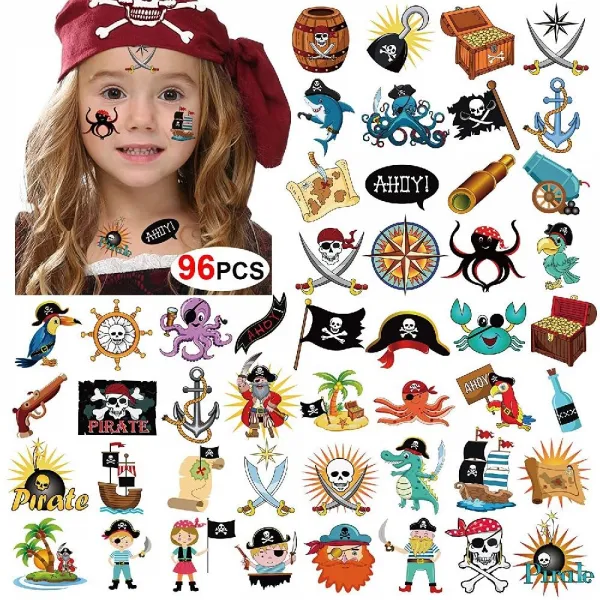 Konsait 해적 생일 파티 해적 Tattoos96Pcs 해적 임시 타투 네버 랜드 불법 복제 캐논 분말 제이크 선장, 상세페이지참조, none
