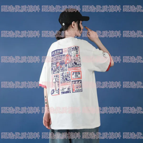 소확행 라운드박스티 캄파니아 아메카지스타일 농촌 클래식 기관차 바람 레트로 베이지 색 깔끔함 면 반팔맨 여성 와이드 루즈핏