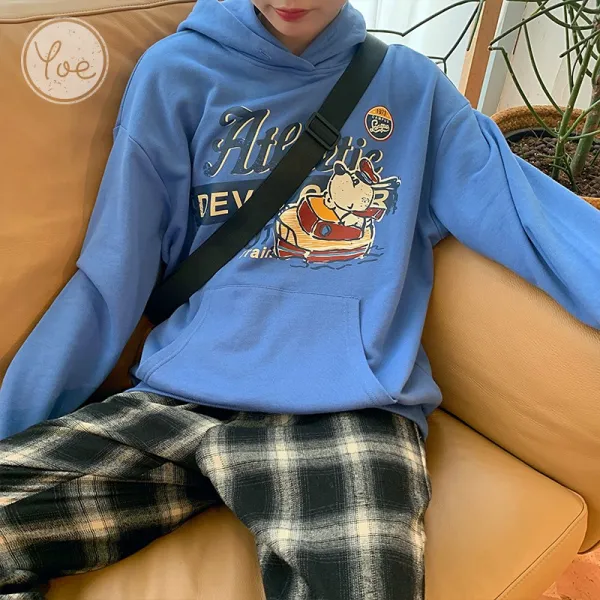 Yoe 애니메이션 플라워 프린트 루즈핏 후드 인싸템 트렌드 클래식 Chic 순면 보여 화이트 블루 맨투맨 여성