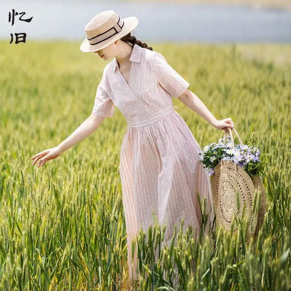스트라이프원피스 옛 억 시원한 바람이 서서히 불어오다 여성 여름 브이넥 프렌치 셔츠 패치워크 롱 3501356866