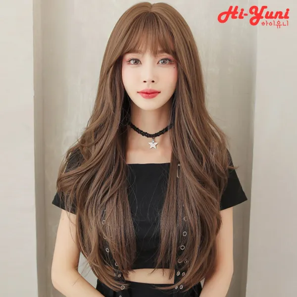 하이유니 여자 그레이스웨이브 롱헤어 통가발 가발 68cm + 가발망 거치대 세트 커피브라운 / 68cm