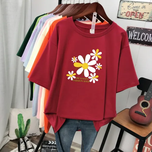 200대 사이즈 여성 통통 Mm 반팔 티셔츠 여 데이지 카모플라쥬 슬림 순면 차렵 상의