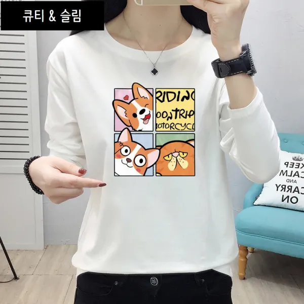 도깨비몰 여성 기본 라운드넥 면티 긴팔 시바견 캐릭터 티셔츠