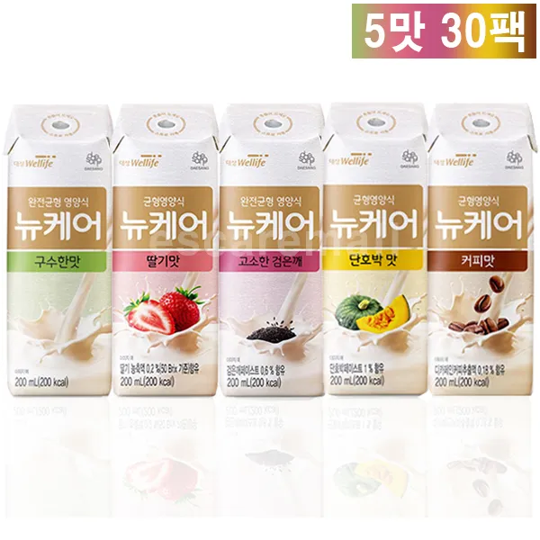 대상 뉴케어 구수한맛 검은깨 딸기맛 단호박맛 커피맛 5가지맛 6팩씩 30팩 일반 노인 환자 영양식, 200ml