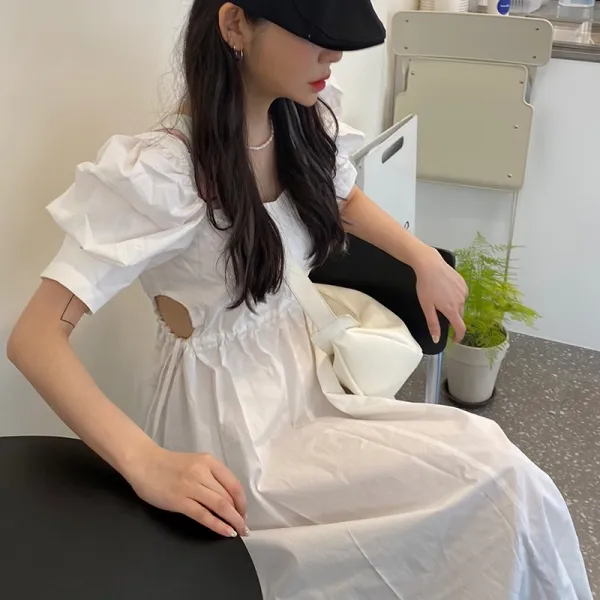 BAROBARO 여자 스모크 셔링 밴딩 여름 원피스 시크 빈티지 카라 밴드 옆쪽 펀칭 소심기 루즈핏