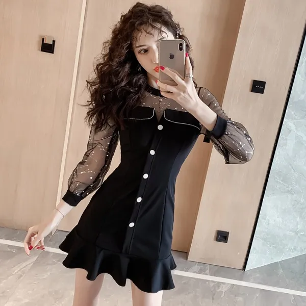 0 여름 혁본풍 망사 소매 미니스커트 날씬해 보이는 어민 물고기 꼬리 원피스 여