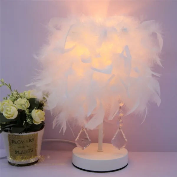 깃털 조명 테이블 램프 침실 침대 옆 램프 화이트 소 + 전원 스위치 버튼