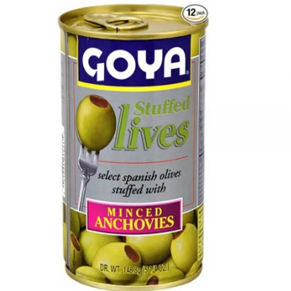 Goya Foods Manzanilla Olives Stuffed with Anchovies 고야 푸드 만자니야 올리브 통조림 5.25oz(148.8g) 12팩, 148.8g