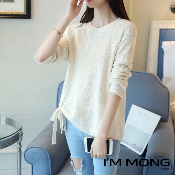 아이엠몽 여성 가을 유니크 사이드 스트링 리본 니트 베이직 데일리 기본템 긴팔 티셔츠 마임마