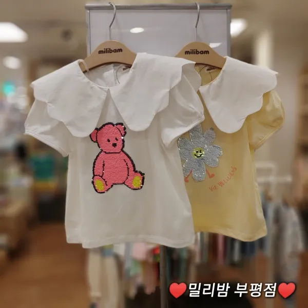 밀리밤 부평점 22NEW 퍼프 소매가 예쁜 반팔 스팽글티~ 각기 다른 캐릭터라 새롭게 입을수 있는 카라 스팽글 반팔티