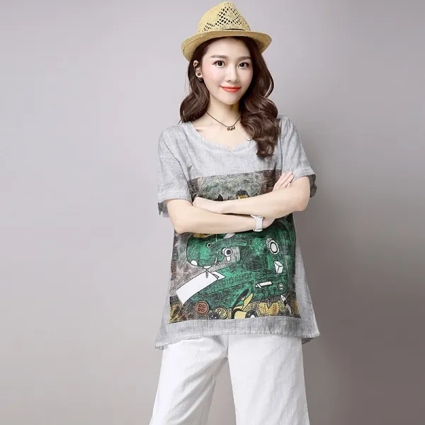 여성투피스세트 여성투피스세트 캐주얼린넨세트 라운드티셔츠+린넨바지 데일리룩세트 루즈핏빅사이즈d03