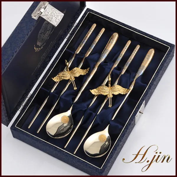 부모님 어버이날 감사 선물 H.jin 쌍학 진공 티타늄 금수저세트 (부부수저) 할아버지 할머니 가족 친척 어른 어르신 상견례 답례품