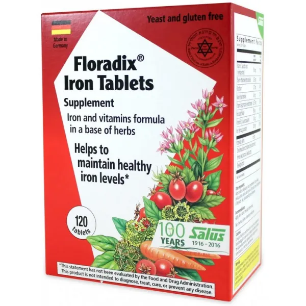 Floradix 정제 철분 보충제 120Count XL 사이즈 - 적혈구 형성 지원 - 채식주의 자 변비 없음 비 GMO, 단일상품