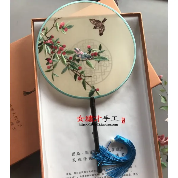 부채 수공업 자수 궁선 양면 긴자루 한나라의복 액세서리 중국스타일 웨딩 둥글, T43-형광황, 기본