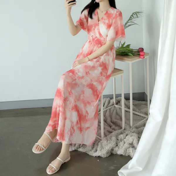 플레이팝 여성용 레드 스모크 밴딩 리본 스트링 나염 패턴 로맨틱 롱 원피스