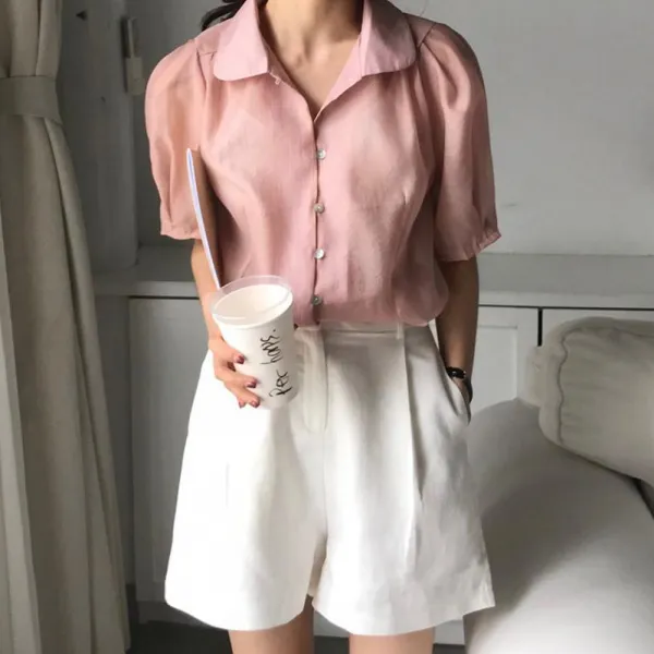 K33345 퍼프블라우스 패션마켓 블라우스 쉬폰블라우스 반팔블라우스 쉬폰 데일리룩 오피스룩 심플베이직 데이트룩