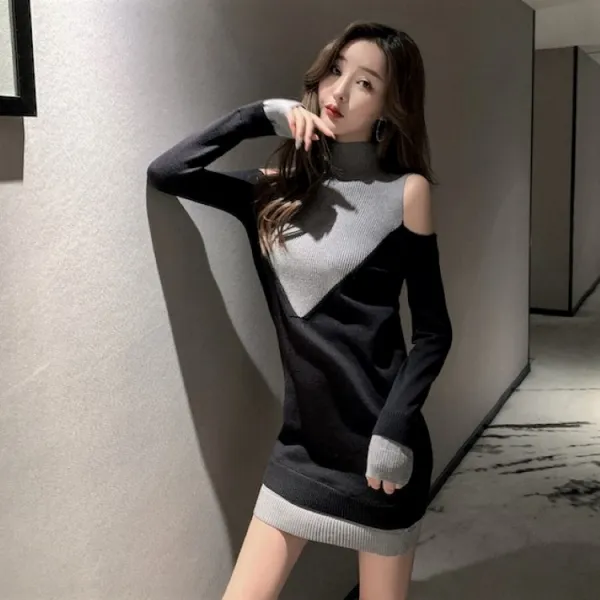 터틀넥 원피스 골지 니트 어깨트임 오프숄더 슬림 폴라