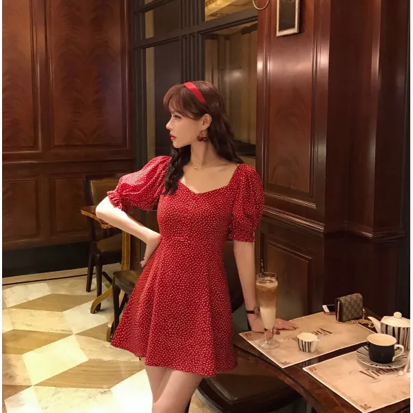 멜빵치마 Starry하트 도트 허리조임 V넥원피스 리본 법식 복고 상큼한 날씬해보이는 A형원피스