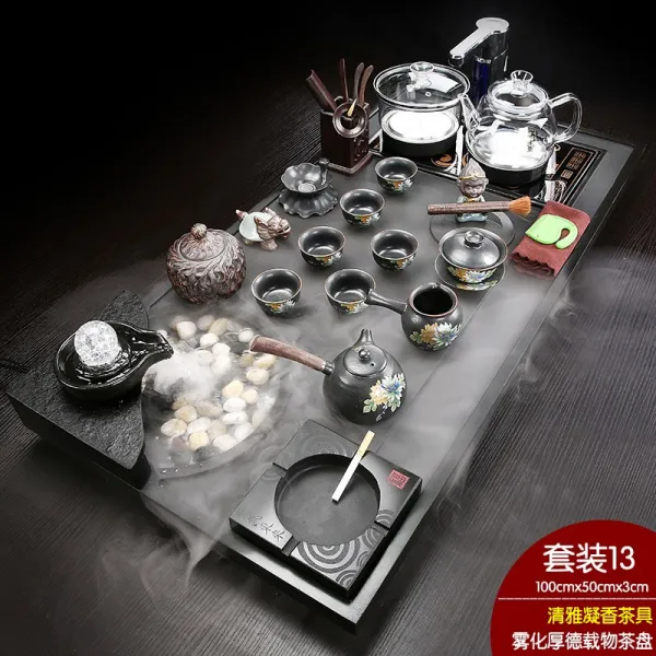 붕풍족함 전자동 풀 쿵푸 갈 찻잔다기 가정용 심플 4in1 흐르는물 차테이블, 블랙 유리 -훌륭한 덕행과 재물 청아