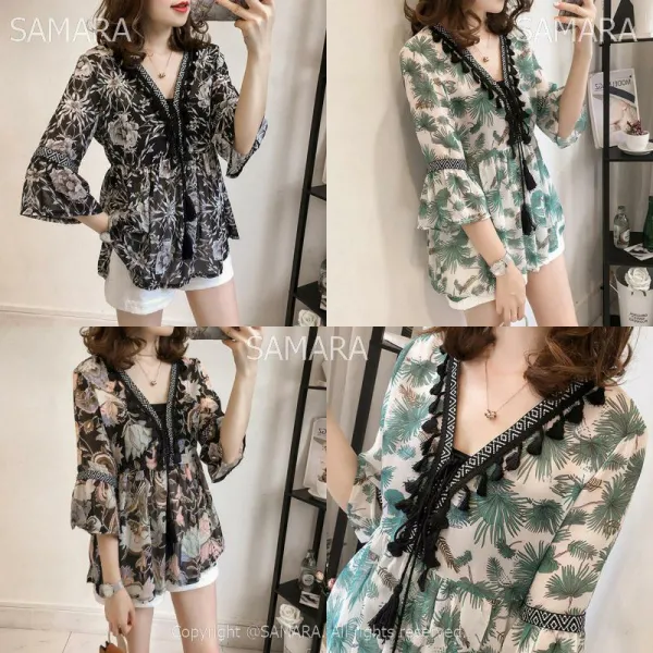 Qterra 특허브랜드 루즈핏 나팔소매 프린트 여성 브이넥 쉬폰블라우스