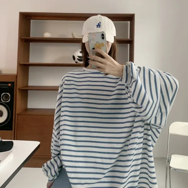 애플망고옷장 여성 빅사이즈 오버핏 긴팔 벌룬 단가라 간절기 롱박스 티셔츠