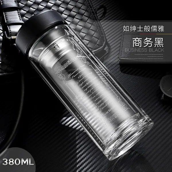 인터프라자 800ml 슈퍼 용량 유리잔 더블 휴대용 열에 강한 남 물컵 두꺼움 여과 티컵 밴드 컵 홀더, 특질 비지니스 블랙 380ml유별나