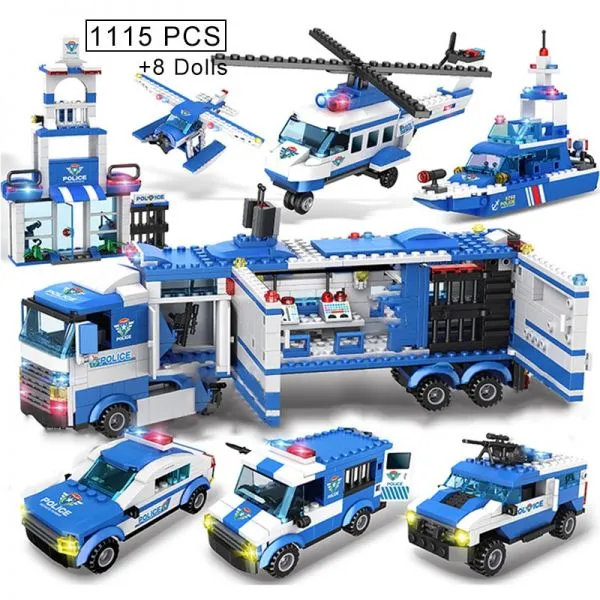 1115Pcs 8 1 경찰 명령 자동차 빌딩 블록 SWAT 모바일 스테이션 순찰 보트 Seaplane 경찰관 피규어 벽돌 세트 완구