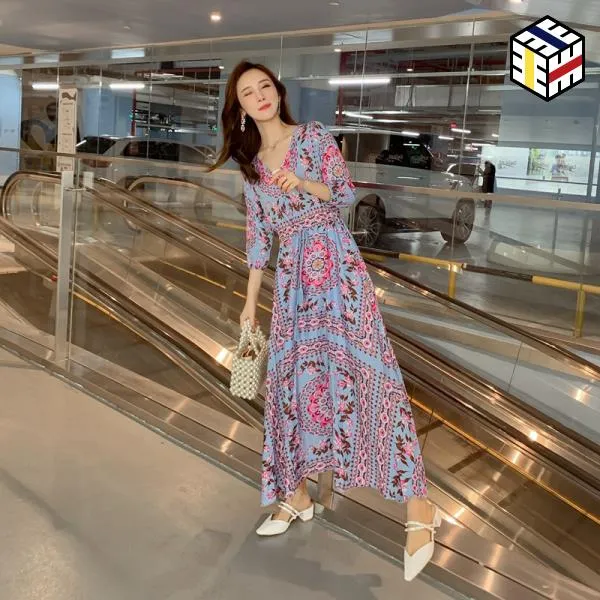 여성 비치 원피스 해변 2019 새로운 봄과가을 국가 면화 나병 났습니다