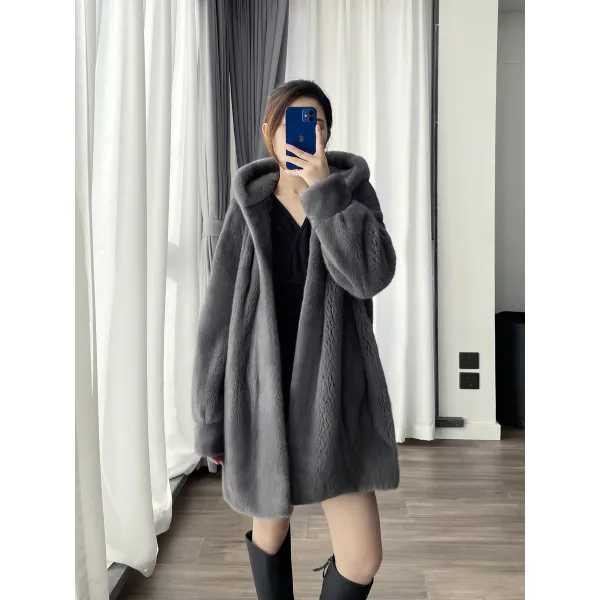 긴팔 여성 밍크 롱가디건 후드넥 일체형 하이넥 루즈핏 단색 니트 중년 사모님 캐시미어