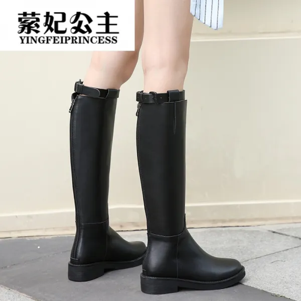 부츠 뒤 지퍼 통 슬 림 한 롱 부츠 소 가죽 부츠 블랙 굽 높이 3cm 34 기