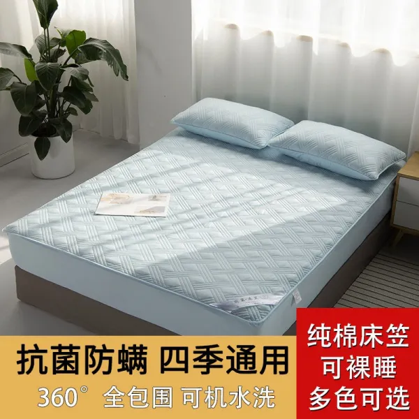 먼지방지 수출함 판매를 전환하다 32 헤아리다 순면 코튼 침대시트 겹 침대커버 미끄럼방지 매트 자 4556566363, 100%순면코튼체크-호수블루180*220cm세탁기세탁가