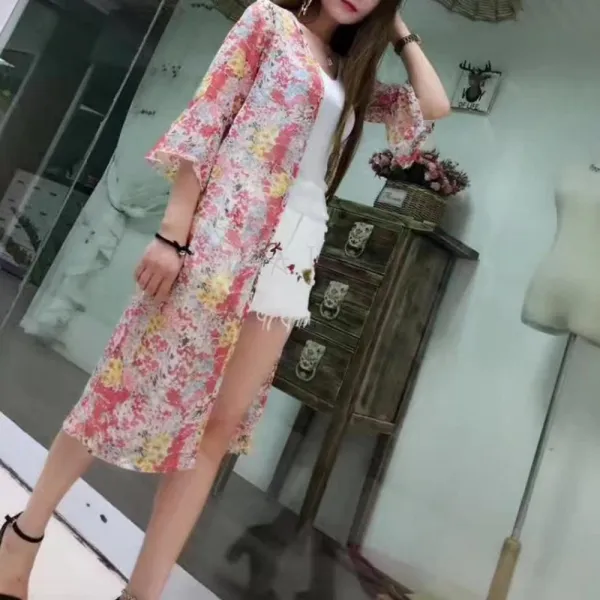 Kirahosi 해달 6 여자 여름 가디건 쉬폰 루즈핏 롱 셔츠 옆 트임 시스루 블라우스 38 Bfgl1zr