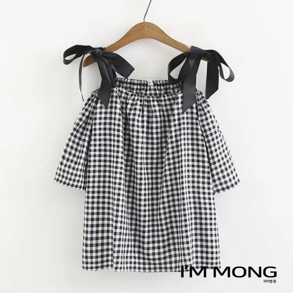 아이엠몽 여성빅사이즈블라우스 오픈숄더 데일리 박시핏 리본 체크 (BB229027JM) 블라우스