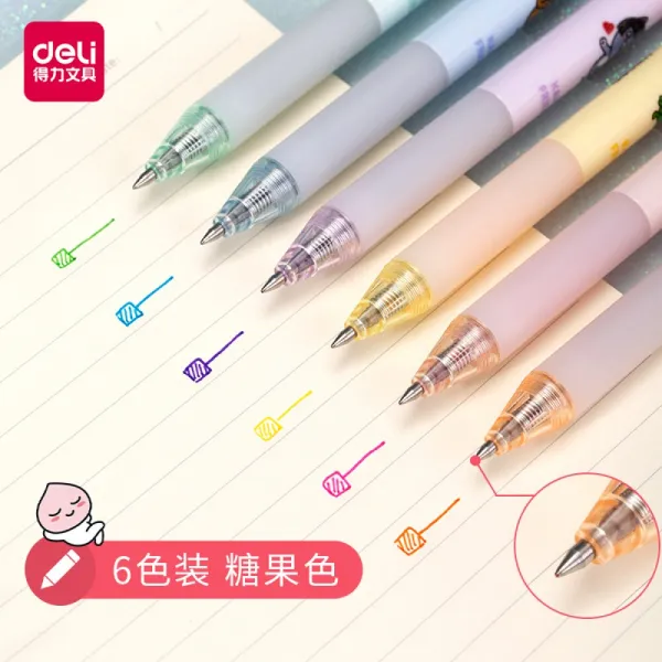 deli 득 력 (deli) 카카오 시리즈 볼펜 직 액 펜 을 눌 러 중성 탄 두 를 움 이 는 카본 학생 문구 0.5mm 컬러 로 6 개 / 박스 A105, 상세페이지 참조