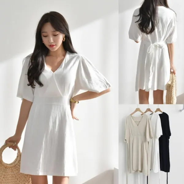  Newcare 여성 여름 반팔 린넨 원피스 브이넥허리끈