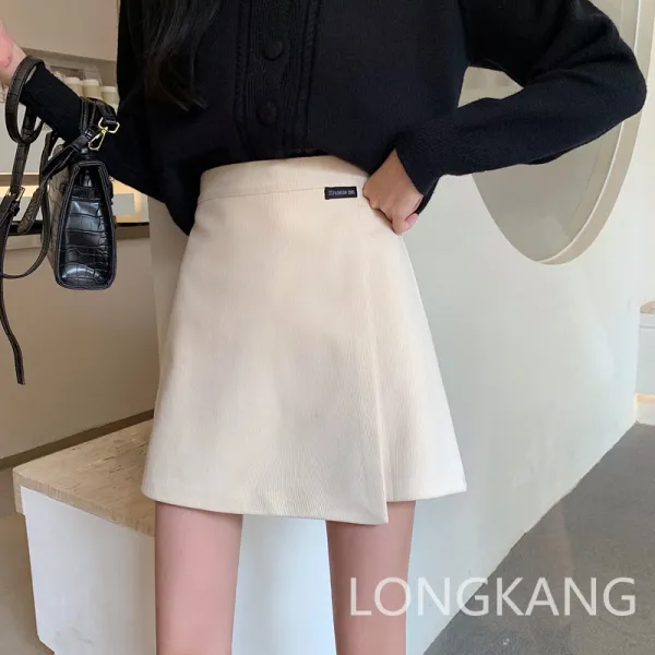 LONGKANG 여성용 블랙 베이지 A라인 A자 스커트 데일리 미니 치마 슬림핏 기본 핏대박