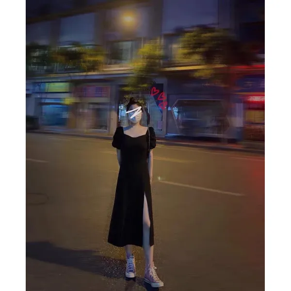 세세마켓 MIGO 쇼오미 도주 중이다 공주 여성 여름 초콜렛색 본풍 벌룬소매 프렌치시크 트임 절개 슬릿