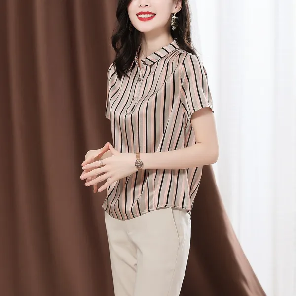 금풍상사 반팔셔츠 무게 파운드 숓 실크 셔츠 여성 여름 반팔 스트라이프 단가라 디자인 대중에게 감응함 새틴 누에실 상의