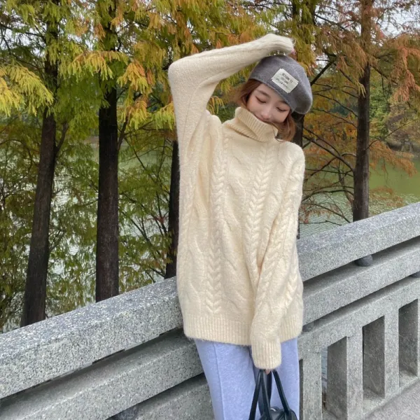 B589 겨울 가을 와이드 루즈핏 핏아우터 꽈배기 블루 풀오버 후드 목폴라