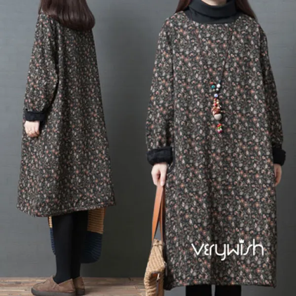 베리위시 국내배송 샤트 플라워 기모 폴라원피스 여성 가을원피스 원피스 꽃무늬 목폴라