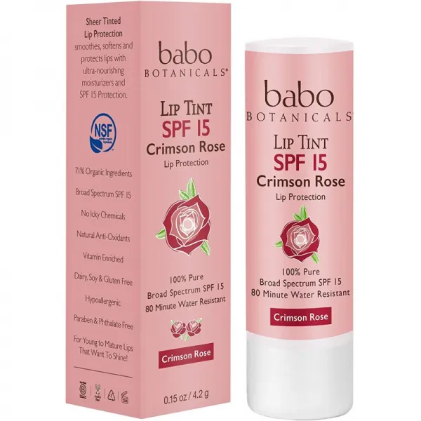 Babo Botanicals 70 + % 유기 색을 칠한 무기물 입술 조절기 SPF 15 물 저항하는 입술 크림 크림슨 로, 1