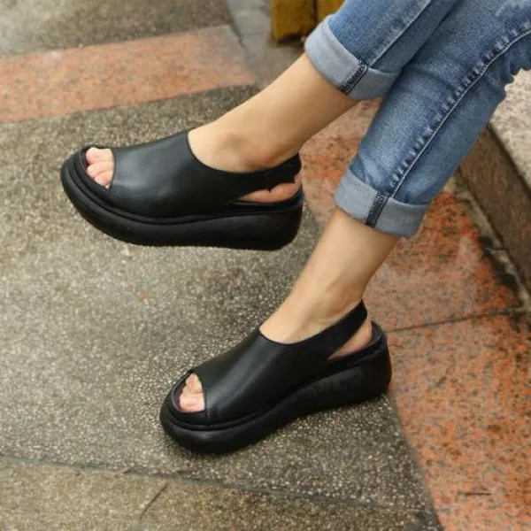 2019 여자 여름 샌들 2019 여름 새로운 캐주얼 가죽 편안한 여성 샌들 복고풍 쐐기 두꺼운 하단 물고기 입 오픈 토 여자의 샌들과 함께