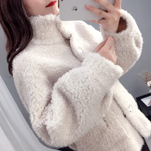 샵솔베이지 양털 퍼 Pu 모피 코트 겨울 여성 하프 자켓