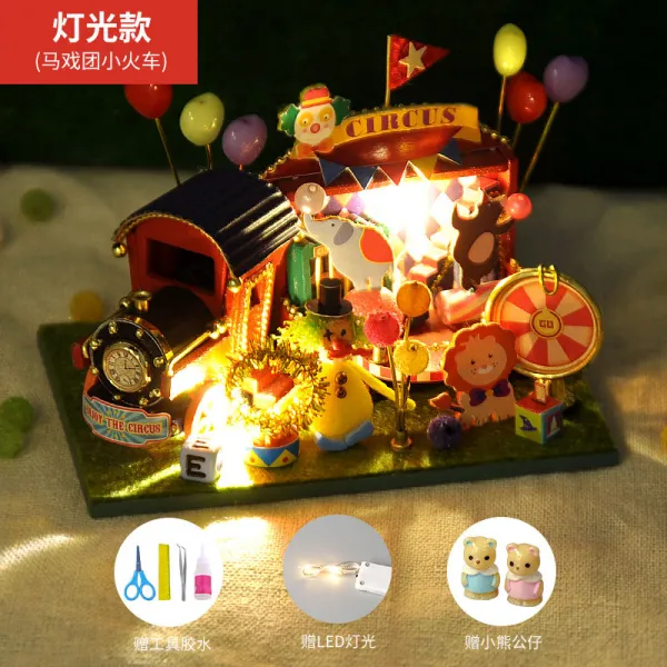 굿싱에코 생일 선물 DIY 작은 집 거리 미니 소형자동차 핸드메이드 제작 홈 모형 완구 독창적 절 여성, 램프 타입 곡마단 기차 _도구 접착제