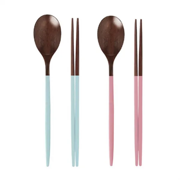 살림 마카롱 천연 옻칠 장미목 우드수저 2인 세트 블루+핑크