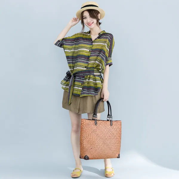 패션이루 스트라이프 미시 린넨 셔츠 여름 블라우스 루즈핏 롱