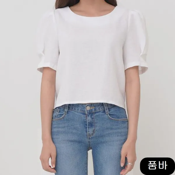 라운드 리본 퍼프 린넨 반팔 블라우스 페미닌룩 여름 데이트룩